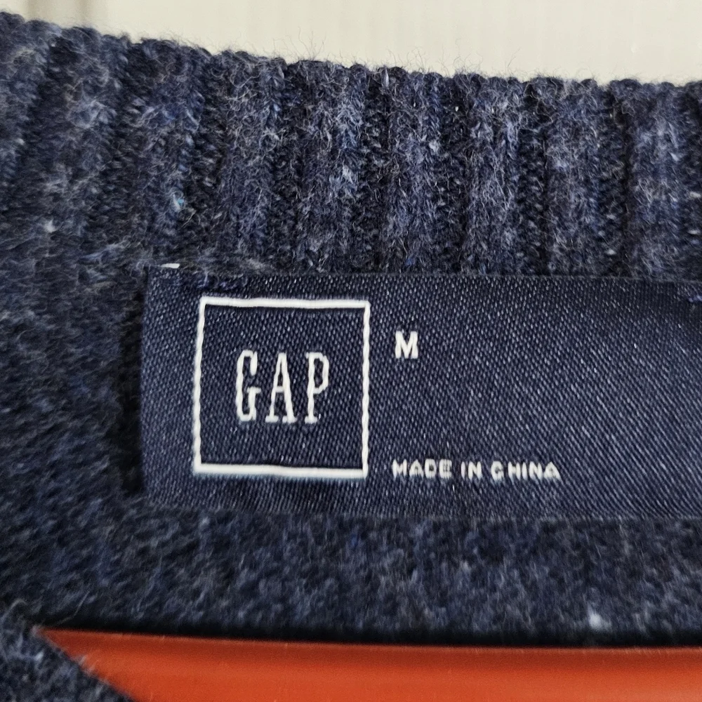Gap Mens M V-Neck Sweater Navy Blue Marl Striped Cotton Blend Essential Boutique